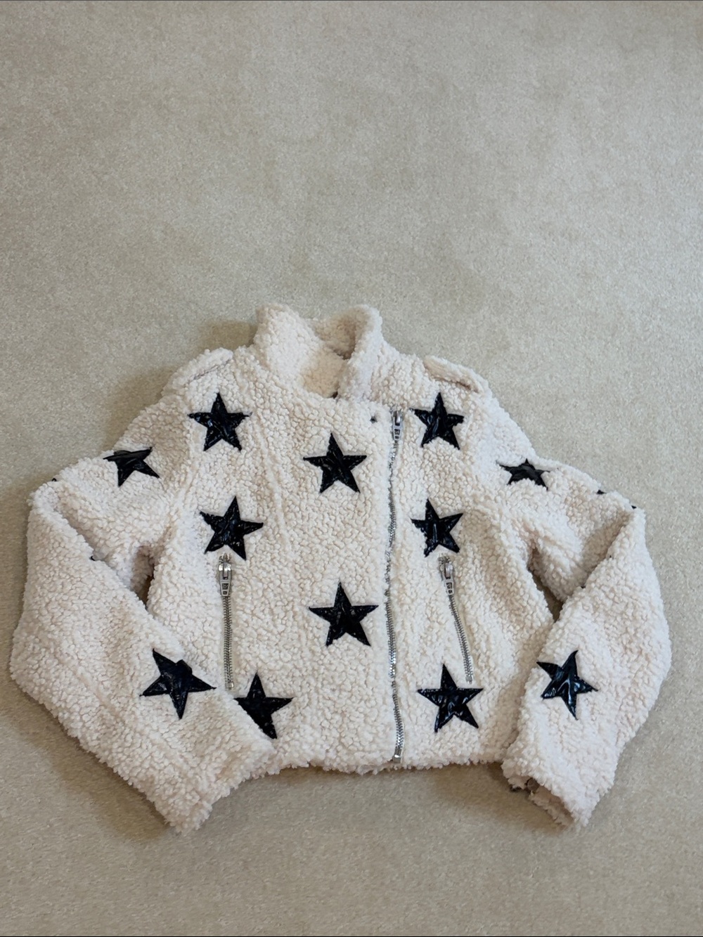 Blank NYC Cream Sherpa Puffer Jacket with Black Star Accents